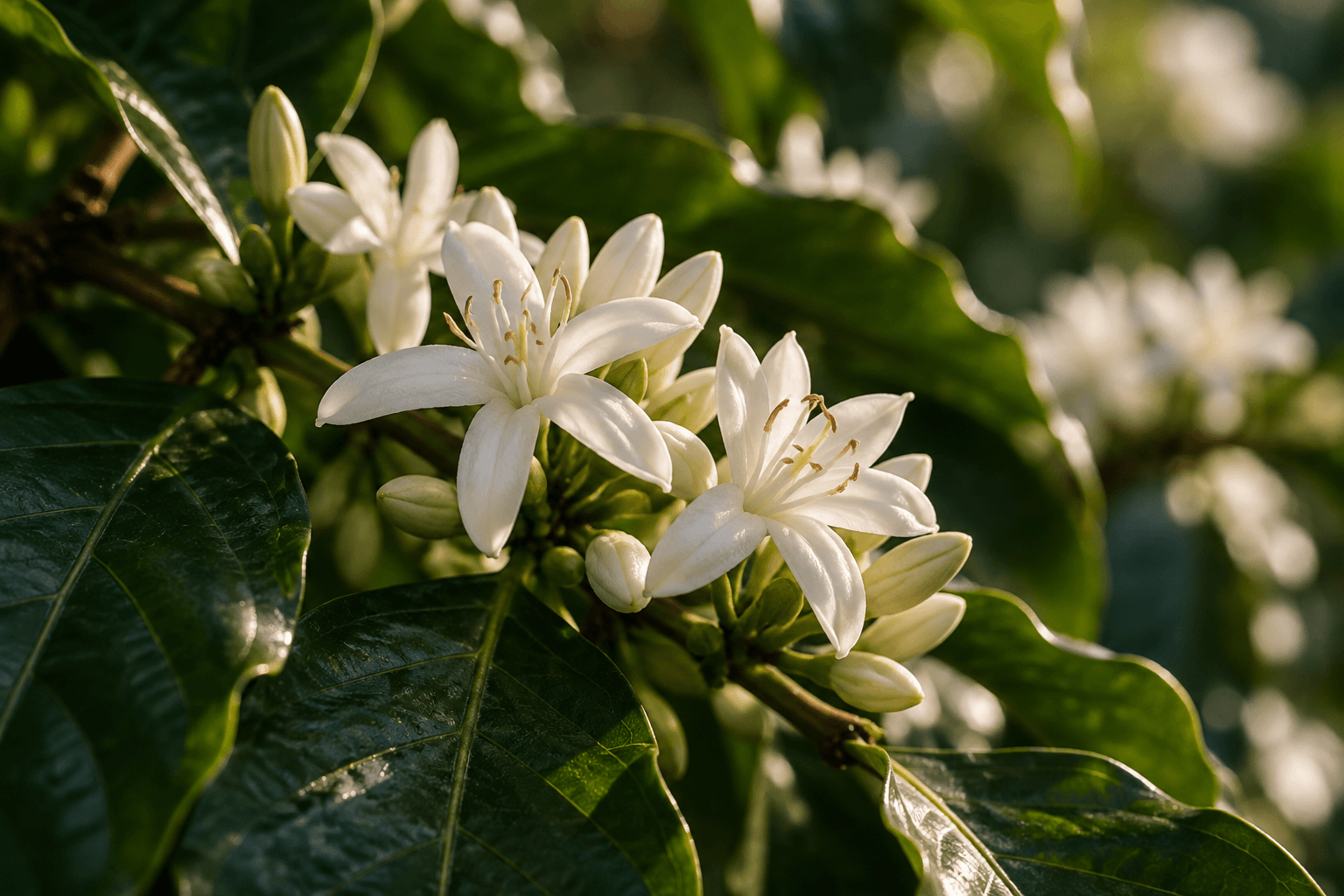 Hvit blomst på en kaffeplante